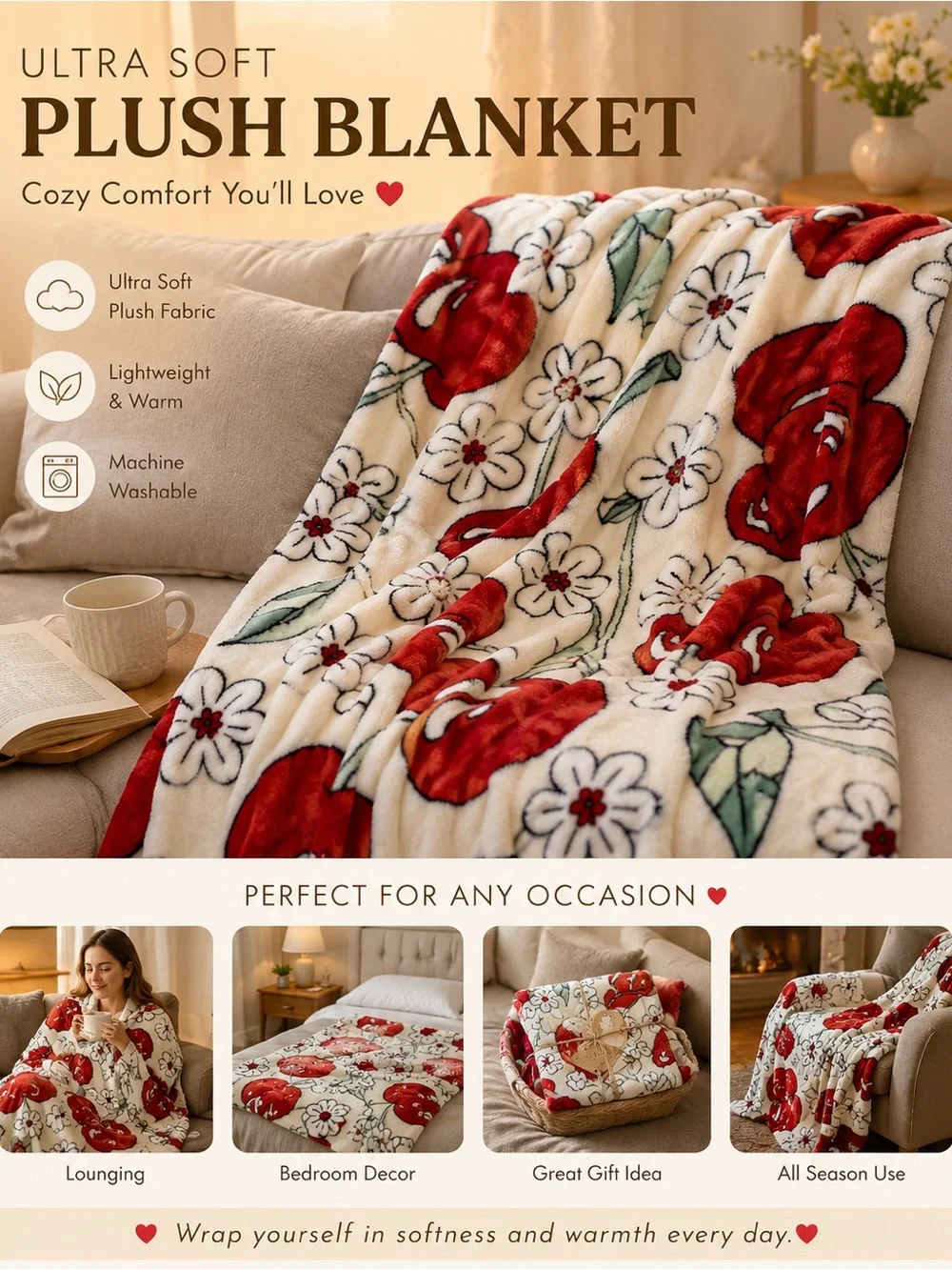 Queen 90”x90” Ultra Soft Plush Blanket by Love Always (Red Floral)